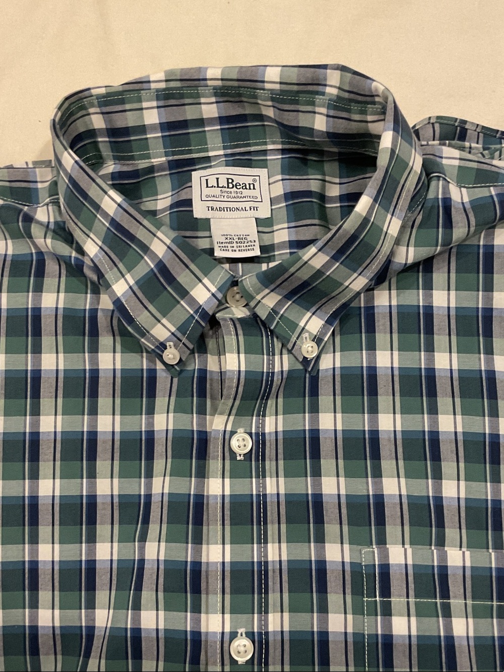 L.L. Bean Short Sleeve Blue & Green Plaid Button-Down Shirt XXL